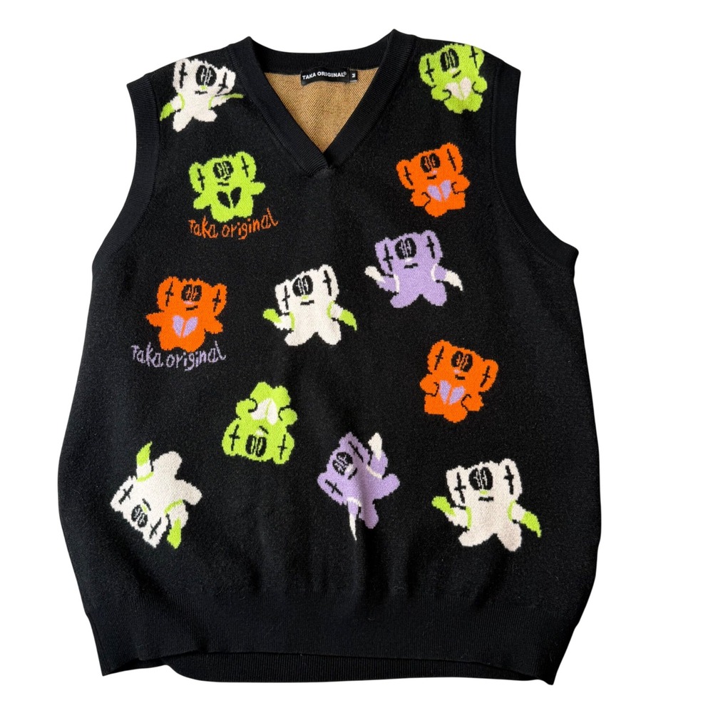 Taka Original Y2K Monster Sweater Vest Black Graphic Streetwear Knit Unisex M